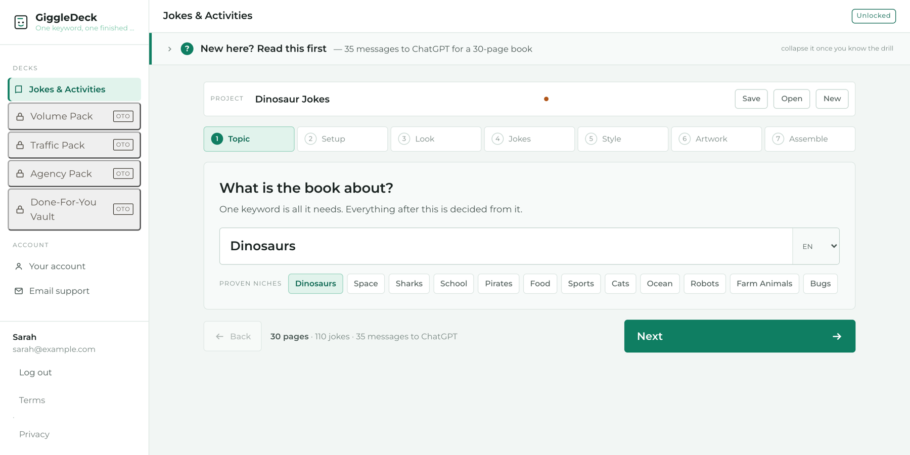 Step 1 — the keyword field, with the page map already counting 30 pages, 110 jokes and 35 messages
